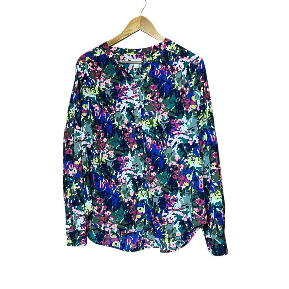 J.Crew Womens Abstract Floral Henley Blouse Long Sleeve Multi-Color Size L